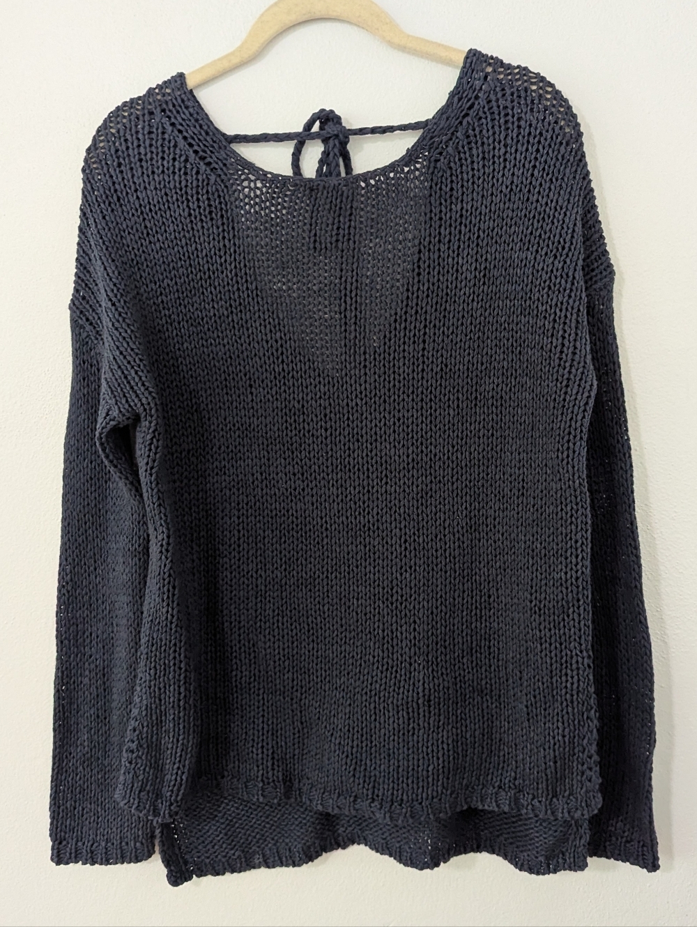 360 Sweater Pullover Tie Back Open Knit Sweater Cotton Linen Blend Blue XS